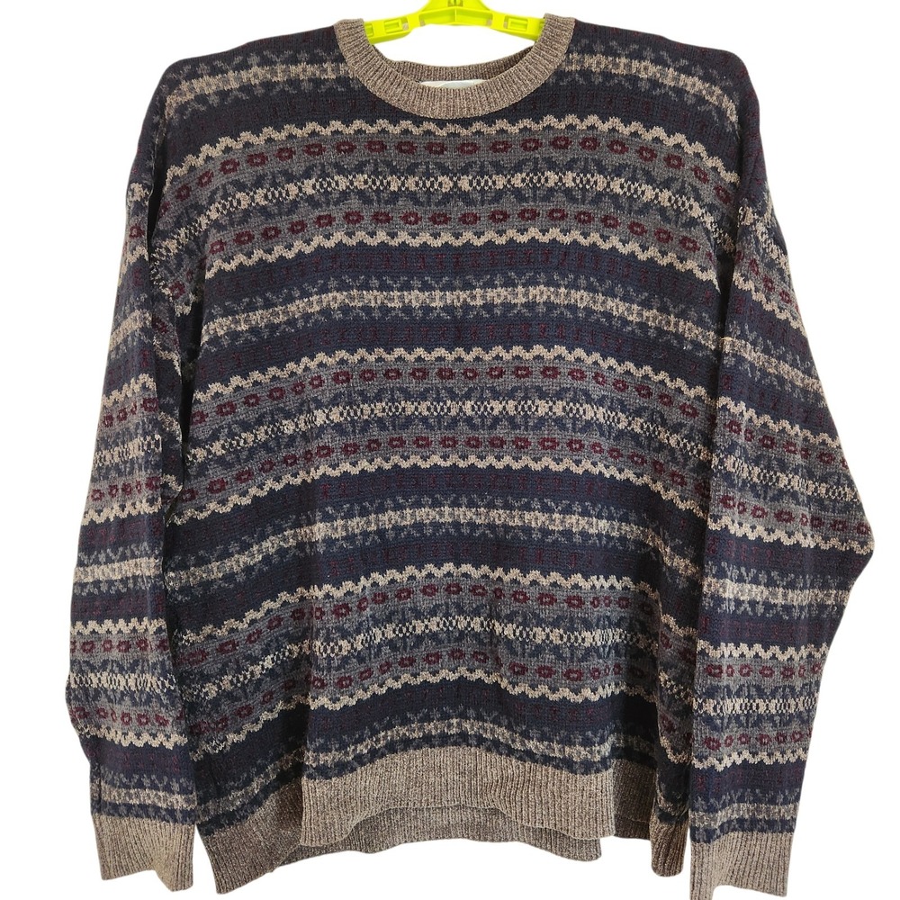 Vintage Size Large 80s Fair Isle Multicolor Stripe Pattern Knit Sweater Korea